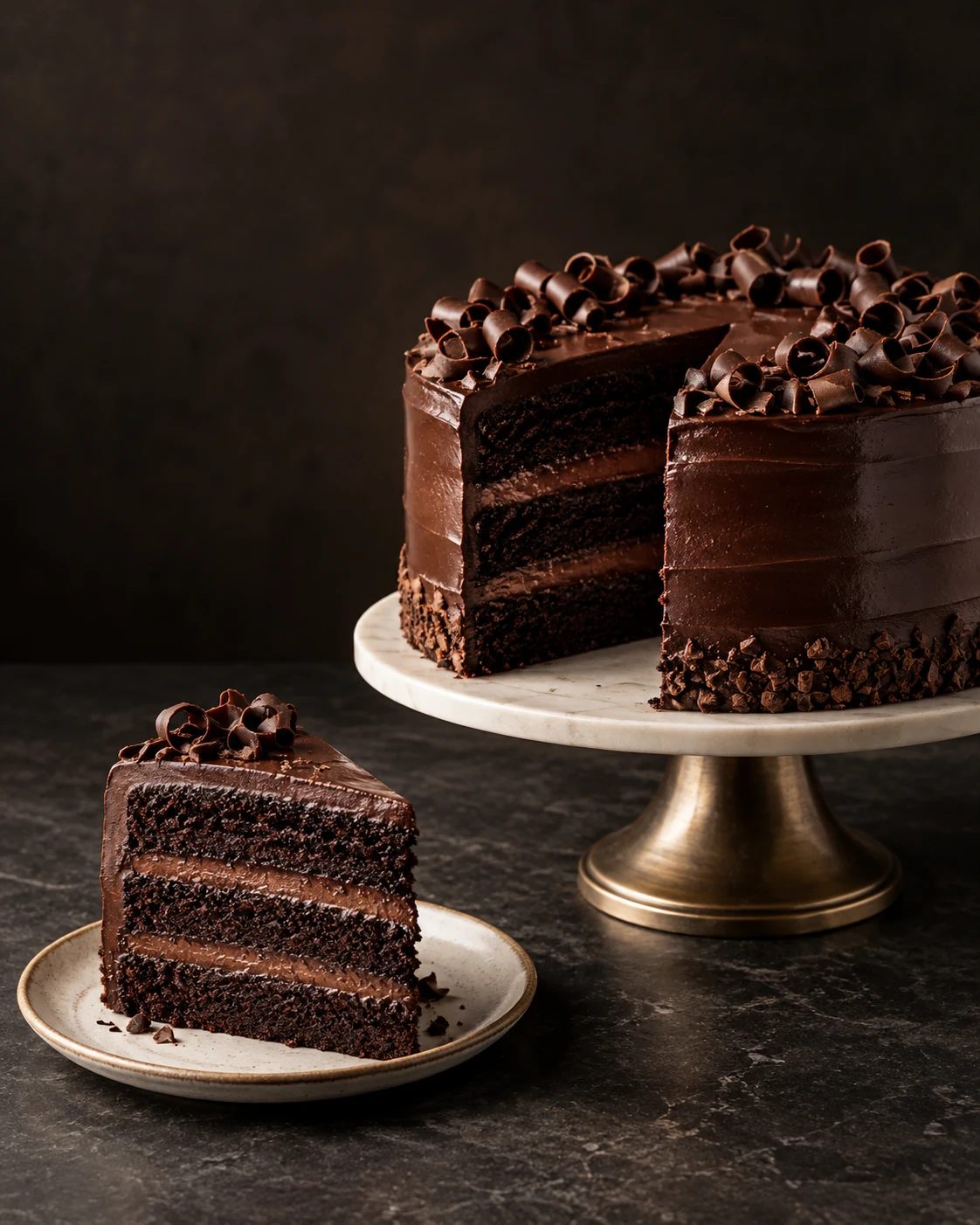 Layered chocolate cake and a plated slice, photographed for a home-bakery menu
