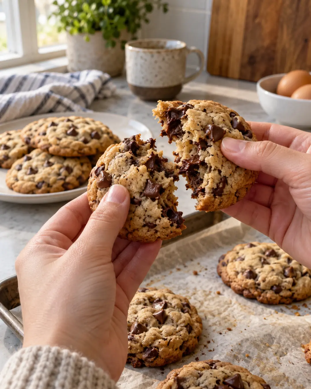 Homemade chocolate chip cookies with a broken cookie showing its crumb