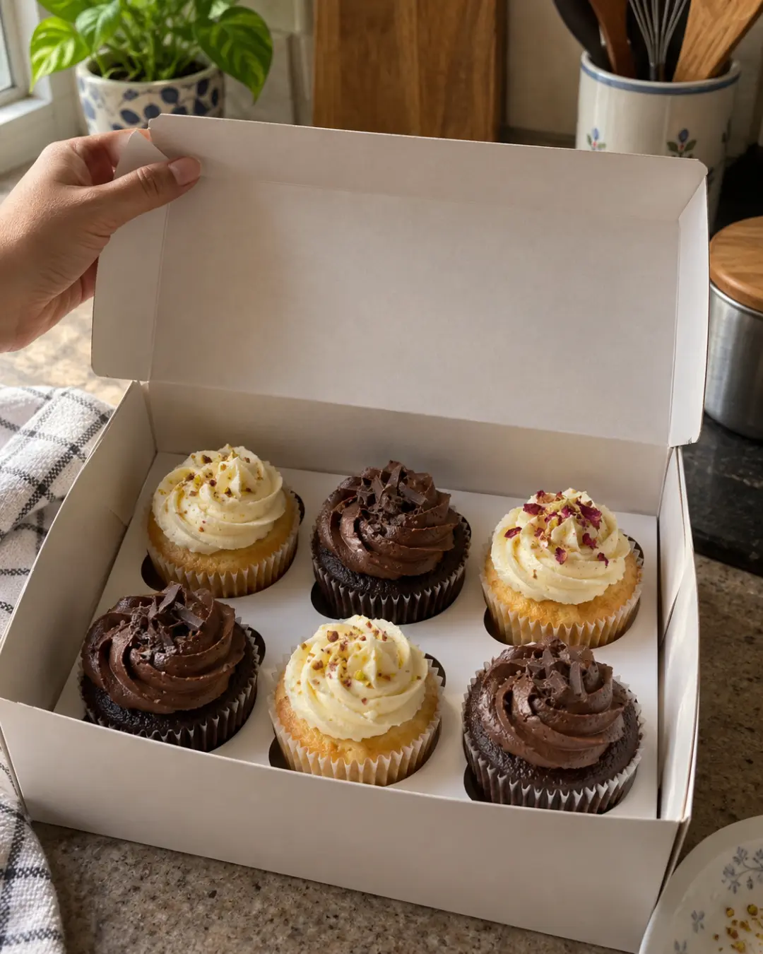 Vanilla and chocolate cupcakes arranged in a bakery box