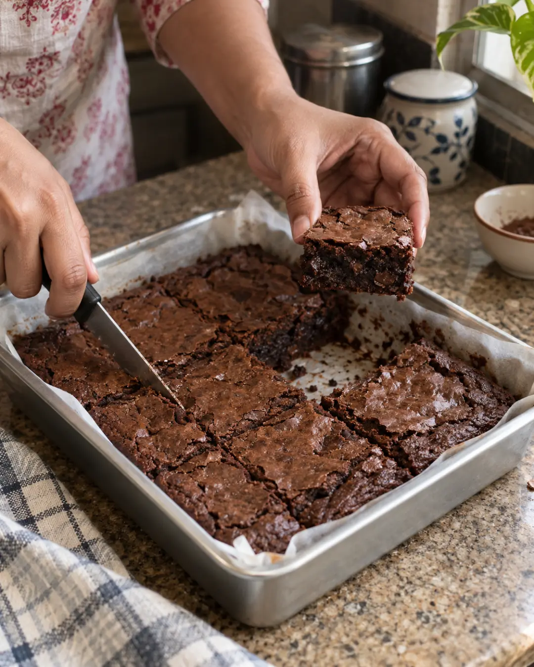 A rich brownie being cut on parchment in a home kitchen