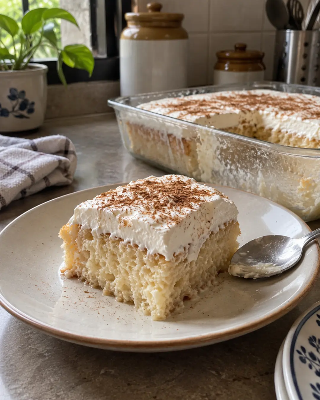A chilled slice of tres leches cake served on a plate
